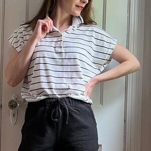 80s Preppy Golf Tennis Sport Polo Drop Sleeve Horizontal Stripe Black White Top